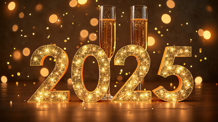 happy new year background two champagne glasses with sparkling wine on table glowing golden numbers 2025 with light bokeh background festive celebration