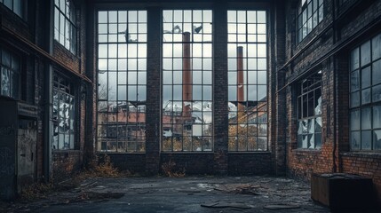 An abandoned industrial space with large windows revealing smokestacks outside.