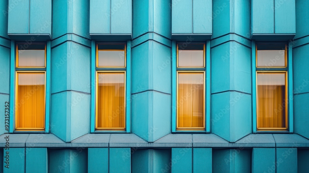 Poster A close-up view of a blue architectural facade featuring orange-framed windows.