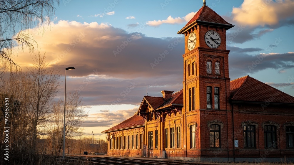 Canvas Prints A historic train station with a clock tower, set against a sunset sky.