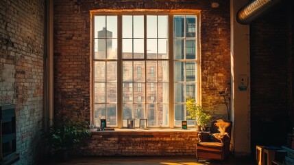 A cozy interior with large windows, showcasing a blend of natural light and urban scenery.