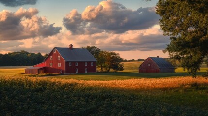 A picturesque farm scene featuring red barns amidst golden fields and a colorful sky.