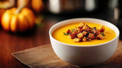 Fototapeta premium Bowl of creamy pumpkin soup with croutons and parsley.