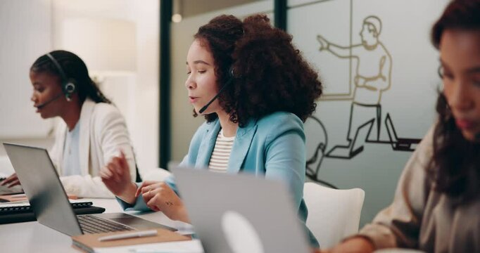 Call center, laptop and business woman talking for customer service, support or help. Computer, telemarketing and consultant speaking to client for advice, lead generation or outsourcing with team