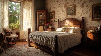 A cozy, floral-themed bedroom with natural light and vintage decor.