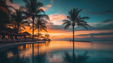 Serene sunset over a tranquil poolside with palm trees and vibrant sky.