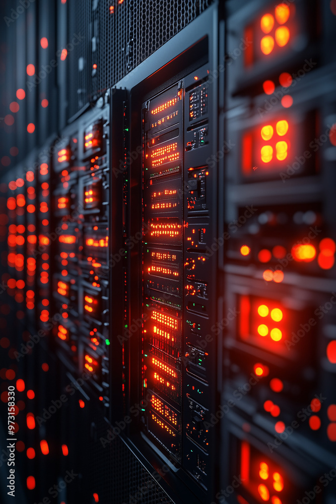 Poster a computer server room with many computer servers with red lights on