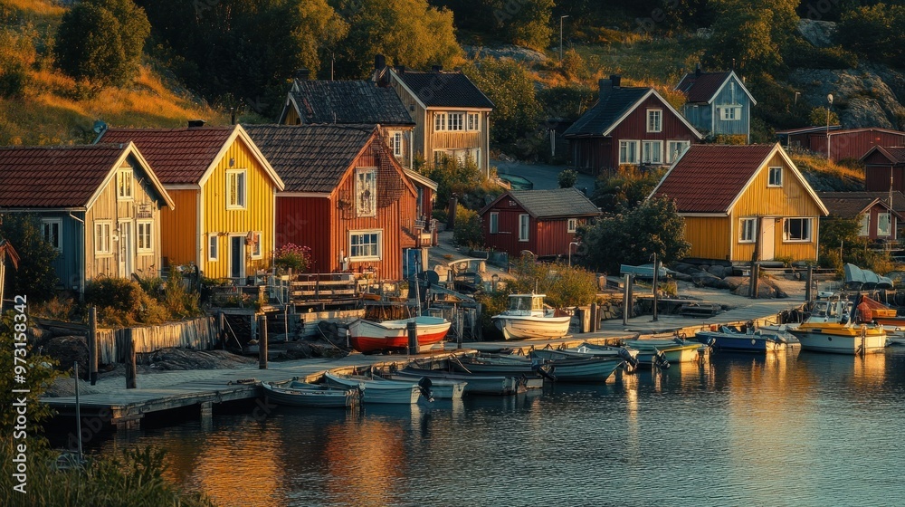 Poster Colorful seaside houses by the water with boats docked nearby in a serene landscape.