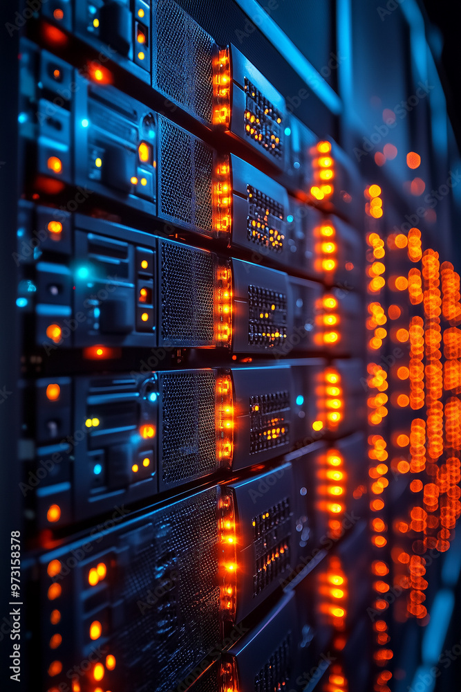 Poster a row of computer servers with orange lights on them. the servers are connected to each other and ar