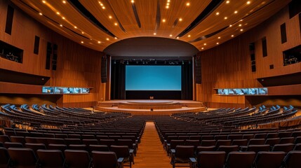 A spacious auditorium with wooden accents, designed for presentations and events.