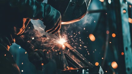 Welder Creating Sparks in a Dark Workshop