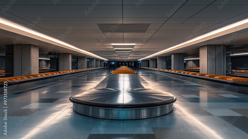 Wall mural A spacious, modern airport baggage claim area with sleek design and minimalistic features.