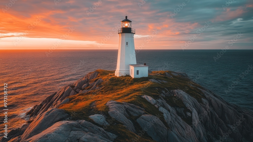 Canvas Prints A lighthouse stands on a rocky shore, illuminated by a dramatic sunset over the ocean.