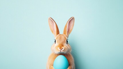 Obraz premium cute rabbit holding blue egg against pastel background
