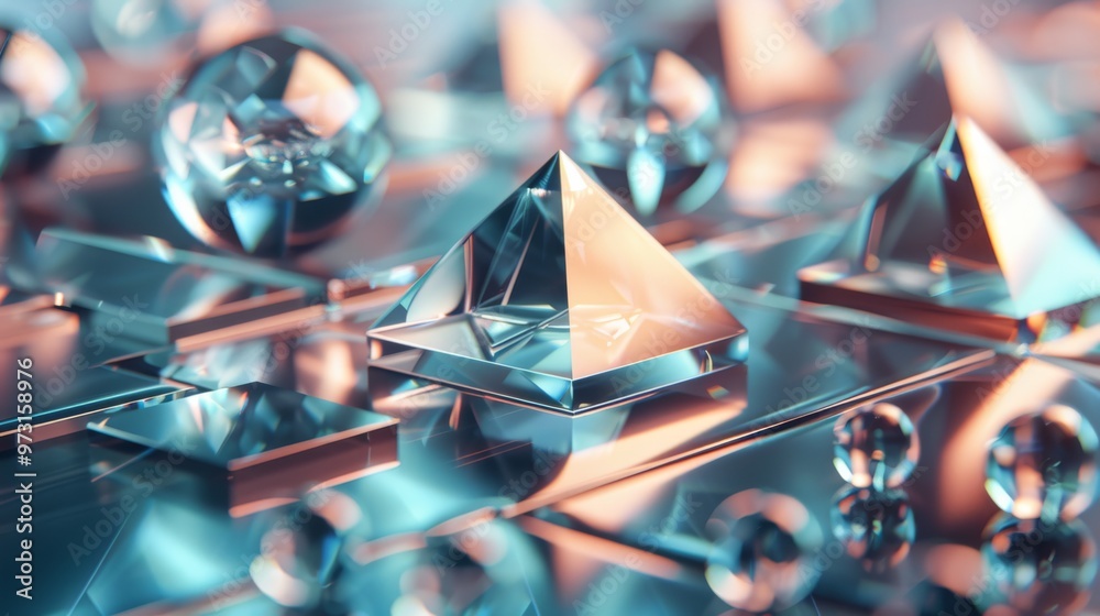 Fototapete wallpaper displaying an array of 3D shapes, including pyramids and spheres, arranged in a grid-like structure with subtle reflections and gradients to enhance the abstract tech theme.