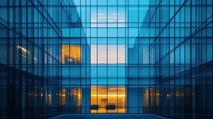 Fototapeta premium A modern glass structure reflecting light, creating a serene architectural space.