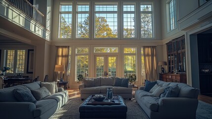 Spacious living room with large windows showcasing autumn scenery.