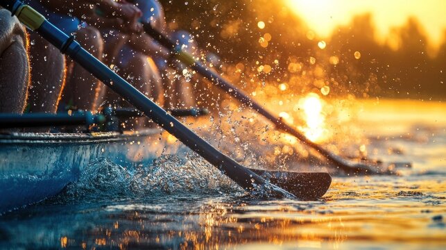 Rowers in action during sunset, creating splashes on the water.