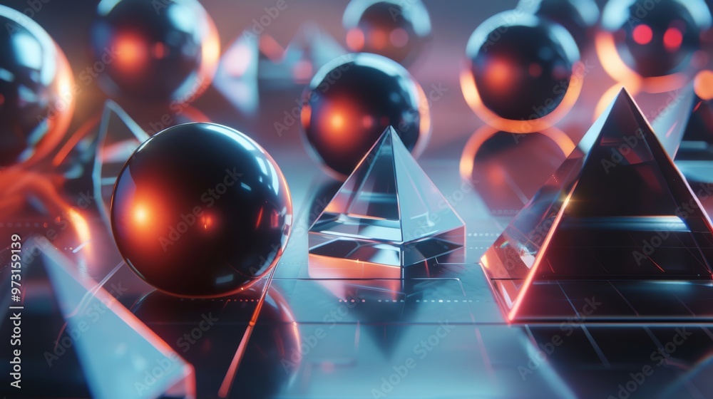 Fototapete wallpaper displaying an array of 3D shapes, including pyramids and spheres, arranged in a grid-like structure with subtle reflections and gradients to enhance the abstract tech theme.
