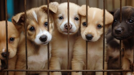 Adorable Puppies Behind Bars in a Shelter