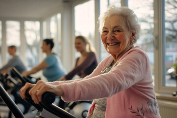 Obraz premium Active seniors enjoying a group workout session at a fitness center in the afternoon sun