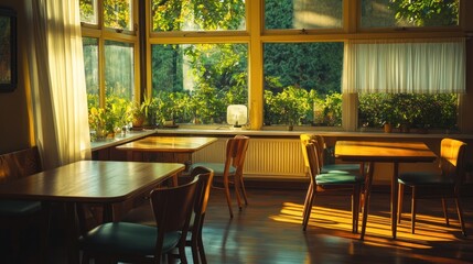 Obraz premium A cozy café interior bathed in warm sunlight, featuring wooden tables and lush greenery.