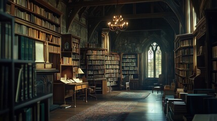 Fototapeta premium A serene library filled with books and natural light, perfect for study and reflection.