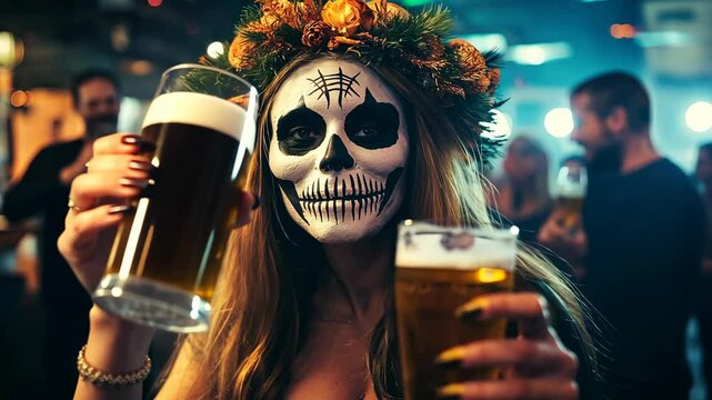 Woman in Skeleton Costume Holding Beers During a Halloween Celebration