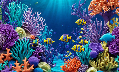 3D cartoon illustration Vibrant Underwater Coral Reef Scene with Colorful Tropical Fish and Lush Marine Flora