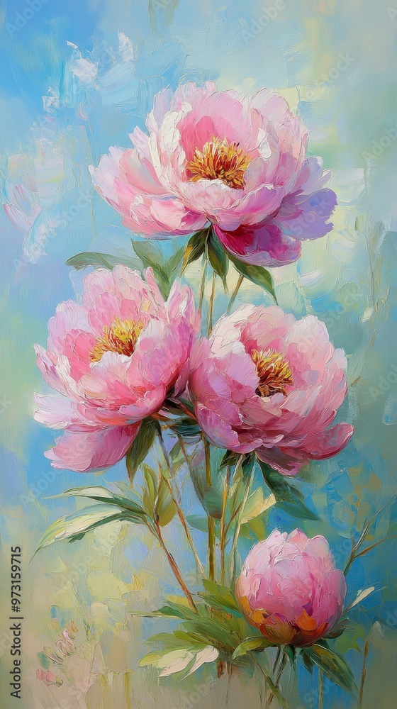 Wall mural Oil Painting of Pink Peonies with Green Leaves Against a Blue Sky