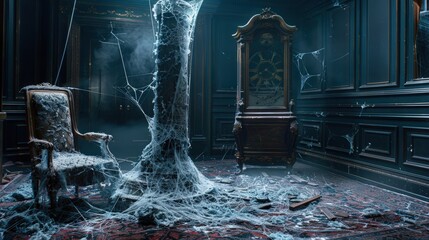 Dusty cobweb-covered room with antique furniture and a large grandfather clock. dark and eerie, with cobwebs draping across the room, evoking feelings of abandonment and decay, perfect for haunted
