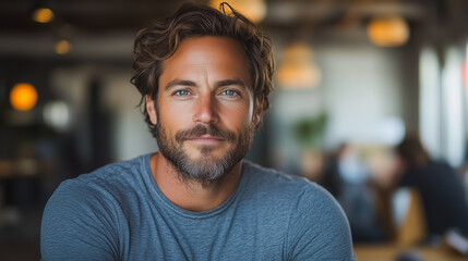 Obraz premium A man with a beard and glasses is sitting at a table with a blue shirt on. He is smiling and looking at the camera