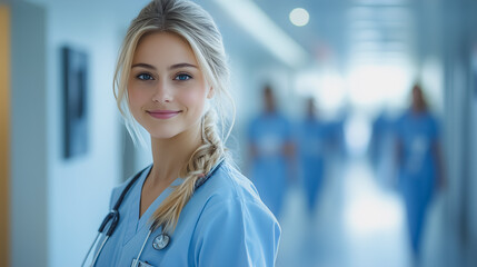 Obraz premium A woman in a blue scrubs is smiling for the camera. She is a nurse and is standing in a hallway
