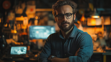 Obraz premium A man with glasses and a beard stands in front of a computer monitor. He is wearing a blue shirt and has his arms crossed. The room is dimly lit, giving the scene a mysterious