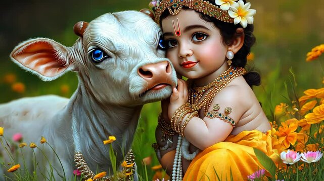 Adorable Baby Krishna with Calf in a Serene and Beautiful Natural Setting