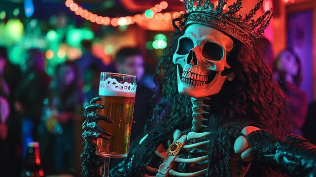 Skeleton with a Beer at a Festive Bar, Celebrating Life and Death