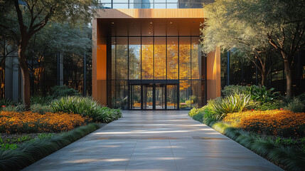 Fototapeta premium A large building with a glass entrance and a large tree in front of it. The entrance is open and the building is surrounded by a garden