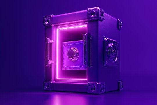 A shiny purple bank safe with rounded corners glows softly in a mysterious setting