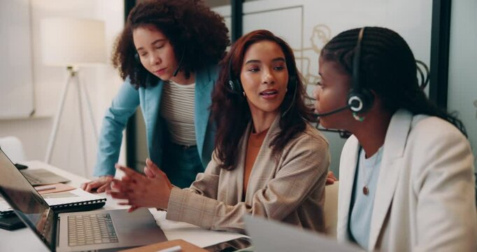 Call center, laptop or training team of women for customer service, support or about us. Computer, telemarketing or group discussion for learning, help or teaching lead generation to intern or agent