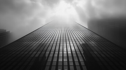 A city skyline with a cloudy sky and a sun shining through the clouds. The sky is grey and the sun is barely visible