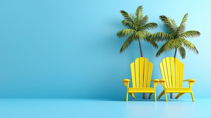 Obraz premium Two yellow chairs under palm trees on a blue background.