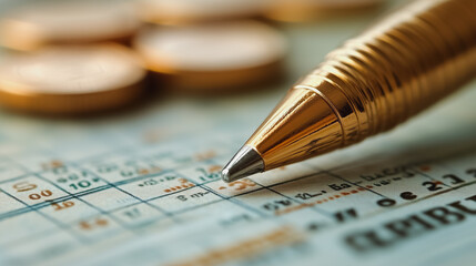 A pen is laying on a piece of paper with a bunch of coins on top of it