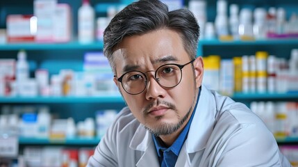 Fototapeta premium Smiling pharmacist standing in pharmacy with shelves of medication in the background.