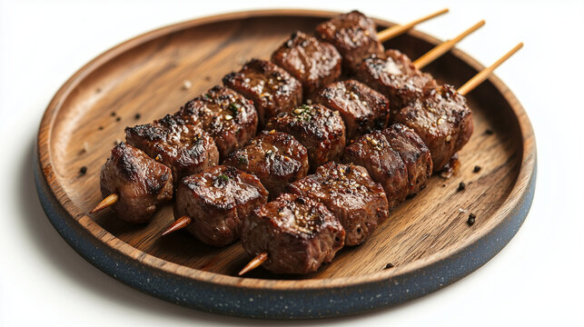 Close-up of three perfectly grilled beef skewers presented on a rustic wooden plate. ideal for showcasing premium barbecue dishes, ideal for menus, food blogs, or marketing materials.