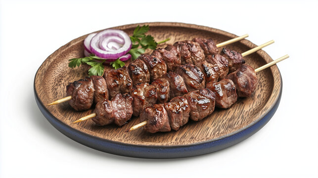 Close-up of three perfectly grilled beef skewers presented on a rustic wooden plate. ideal for showcasing premium barbecue dishes, ideal for menus, food blogs, or marketing materials.