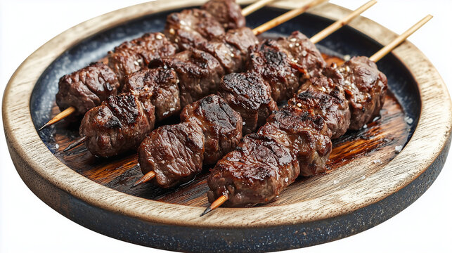 Close-up of three perfectly grilled beef skewers presented on a rustic wooden plate. ideal for showcasing premium barbecue dishes, ideal for menus, food blogs, or marketing materials.