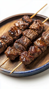 Close-up of three perfectly grilled beef skewers presented on a rustic wooden plate. ideal for showcasing premium barbecue dishes, ideal for menus, food blogs, or marketing materials.