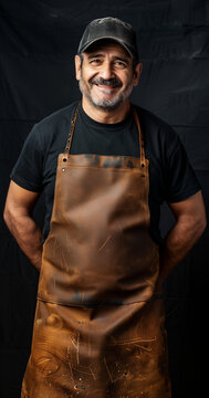 Portrait of a smiling man, male BBQ expert with an apron, arms confidently crossed. He is wearing a casual black cap, exuding warmth and professionalism. Perfect for use in marketing campaigns 