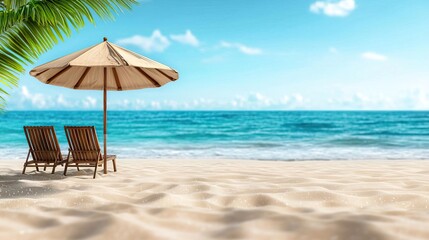 Two beach chairs under an umbrella on a tropical beach