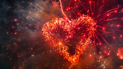 Fototapeta premium Heart-shaped Fireworks: Bright heart-shaped fireworks lighting up the night sky, symbolizing love and romance. 